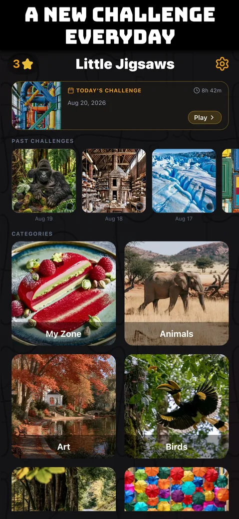 Little Jigsaws home screen with today's Daily Challenge, past challenges, and the category grid