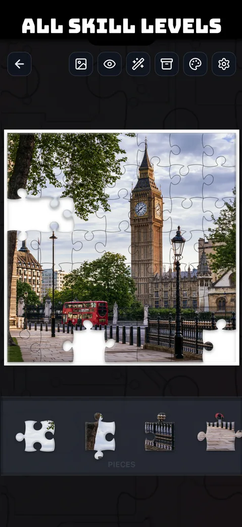 A Big Ben and London street scene puzzle in progress, showing all skill levels of difficulty