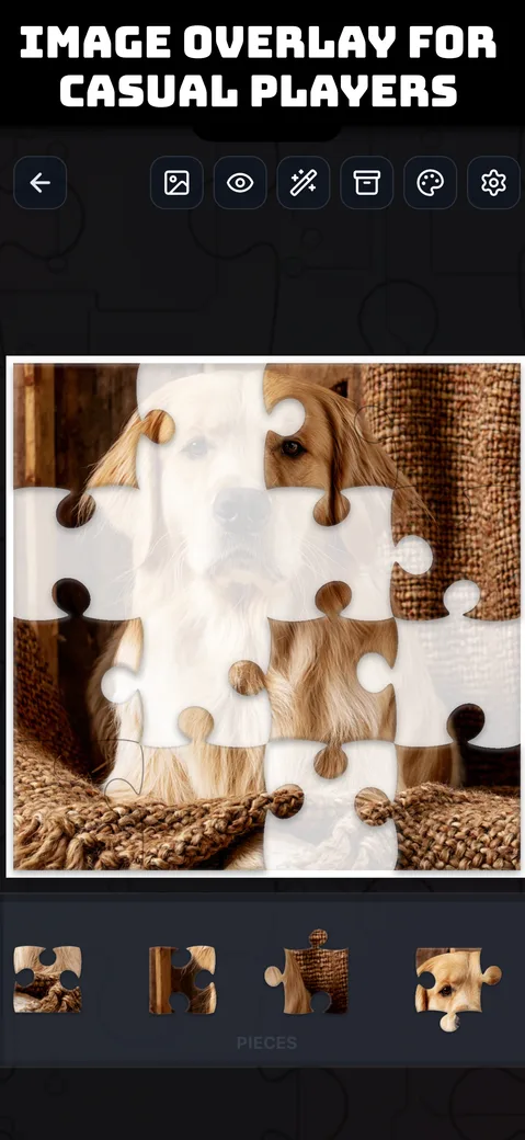 The image overlay reference feature for casual players, shown on a golden retriever puzzle